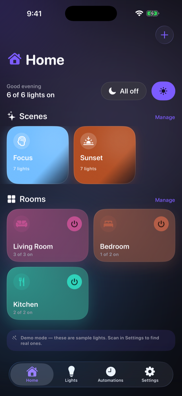 Lumen home screen with scenes and rooms