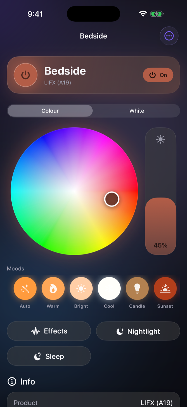 Lumen light detail with the colour wheel and moods