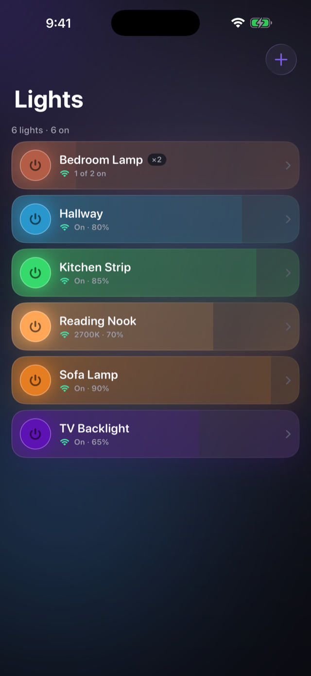 Lumen lights list showing each bulb's colour and brightness