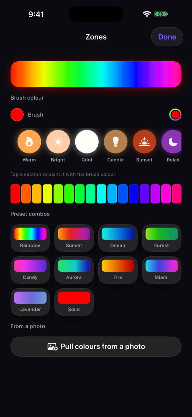 Lumen multizone strip editor: paint zones with a colour brush, preset combos and pull-from-a-photo