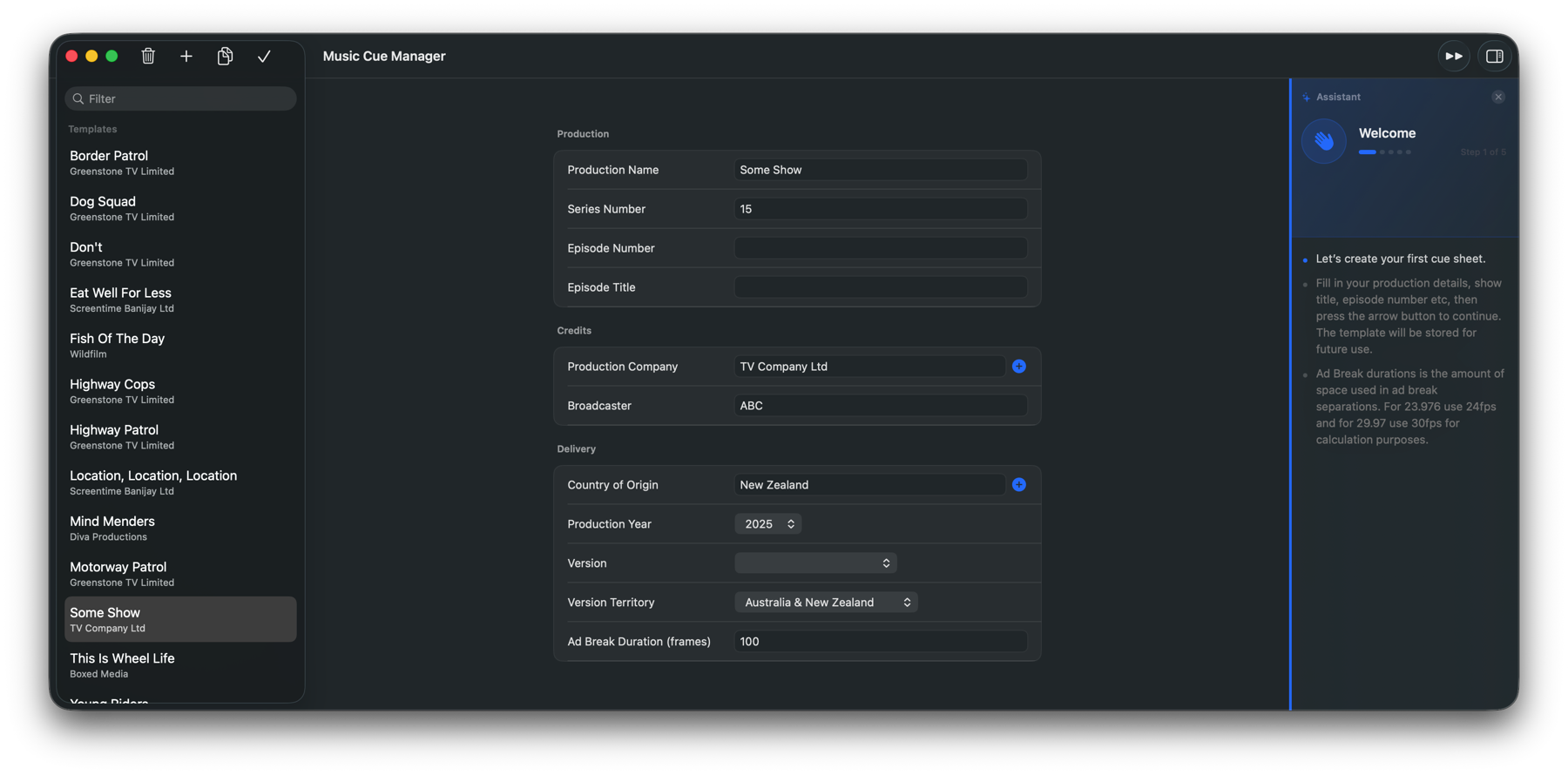 Music Cue Manager project details screen