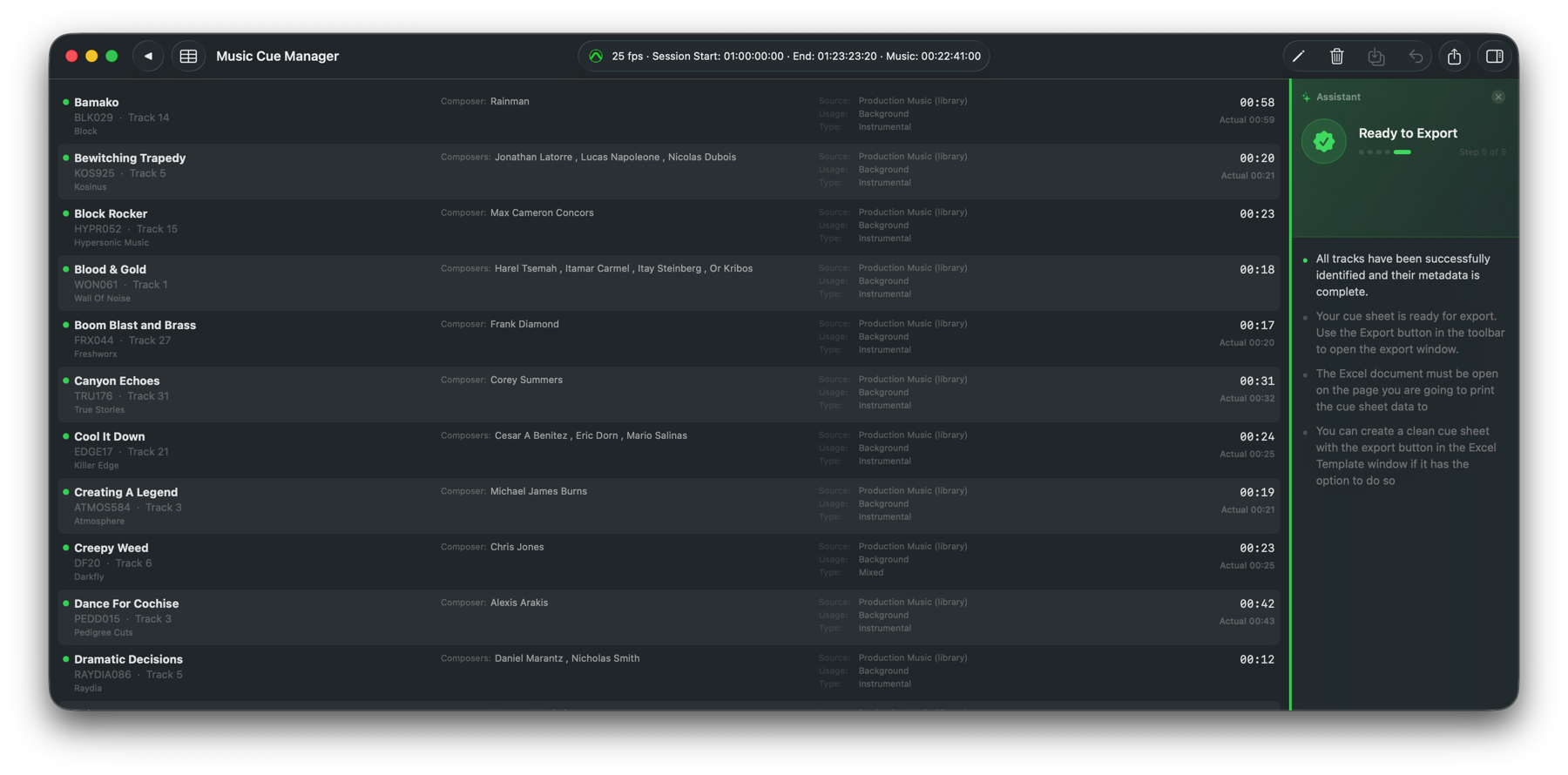 Track listing with every cue identified and ready to export