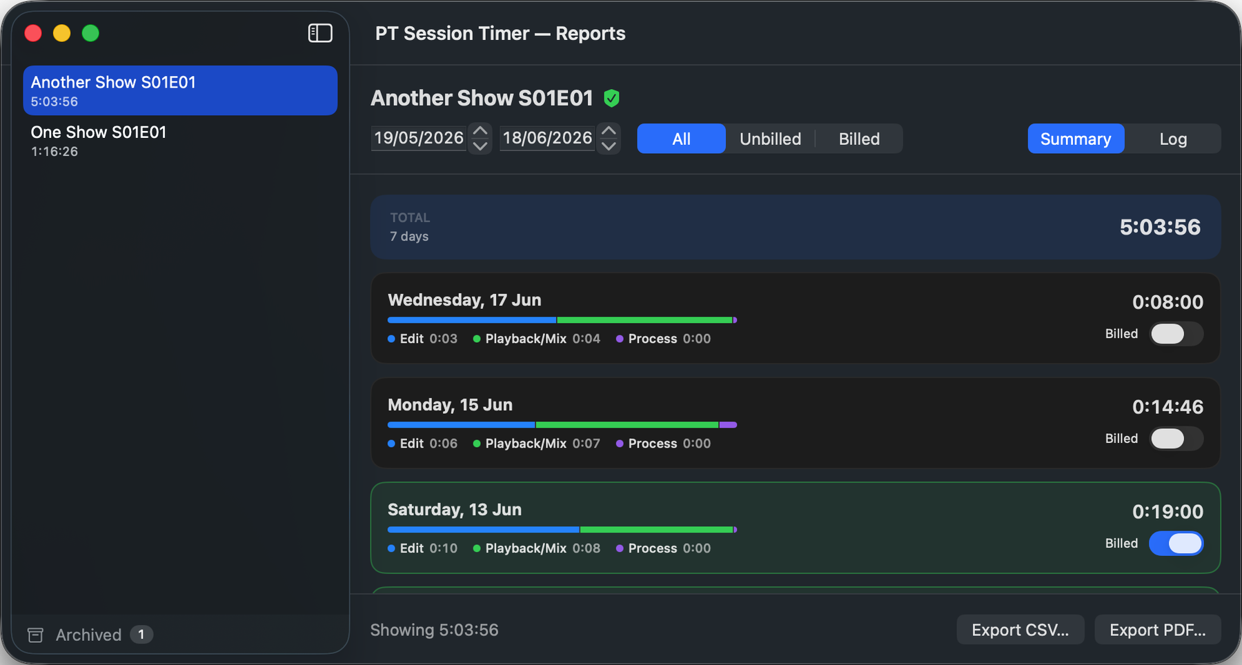 PT Session Timer reports view: daily time totals by job, broken down by mode, with billed toggles and CSV and PDF export