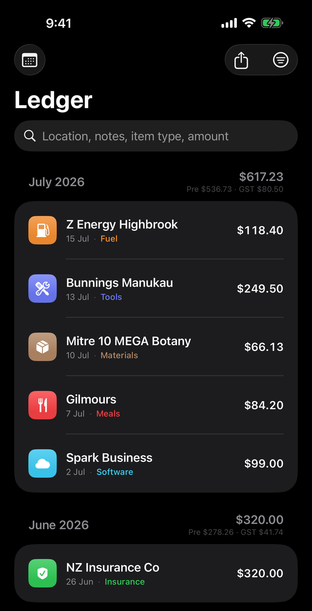 Straight Up Receipts ledger grouped by month with pre-tax, tax and total sums for each section