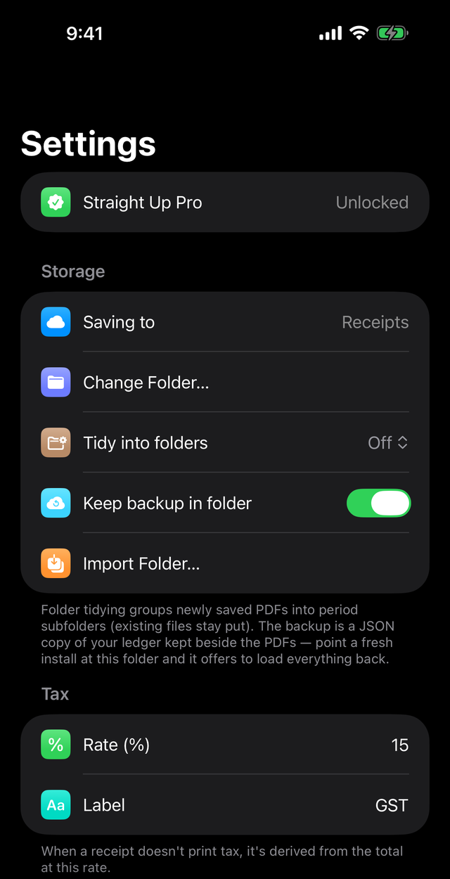 Straight Up Receipts settings showing the folder choice, backup toggle and configurable tax rate and label